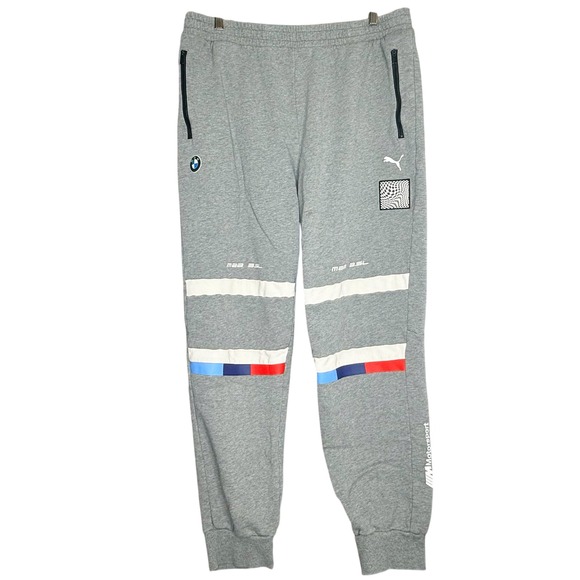 Puma BMW Motorsport Graphic Sweatpants Men's Gray Joggers XL Zip Pockets Patches - Picture 1 of 8